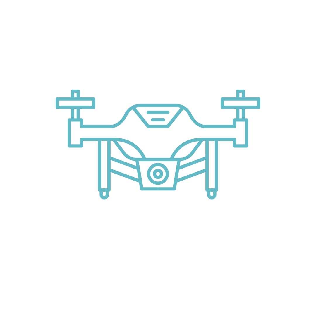 A simple, stylised icon of a drone viewed from the front on a white background. The drone has two arms with propellers on each end, a central body with what appears to be a camera or sensor at the front, and landing gear at the bottom. The icon is outlined in a light turquoise colour, suggesting a clean and modern design.