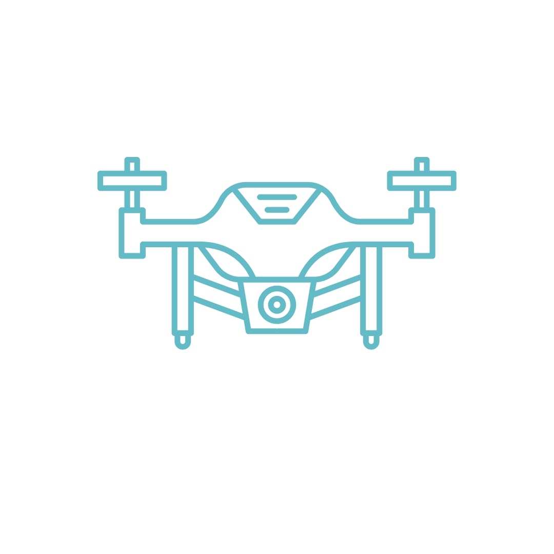 A simple, stylised icon of a drone viewed from the front on a white background. The drone has two arms with propellers on each end, a central body with what appears to be a camera or sensor at the front, and landing gear at the bottom. The icon is outlined in a light turquoise colour, suggesting a clean and modern design.