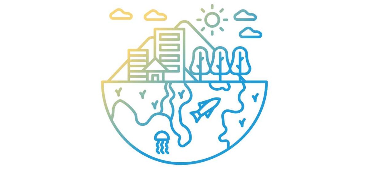 Illustration depicting the relationship between urban and natural environments. The image shows a semi-circular landscape with buildings and trees on the upper half, representing an urban area with green spaces. The lower half illustrates rivers flowing into the ocean, a jellyfish, and a fish, symbolizing the connection between land and marine ecosystems. The sun and clouds in the sky indicate a balanced, harmonious environment.
