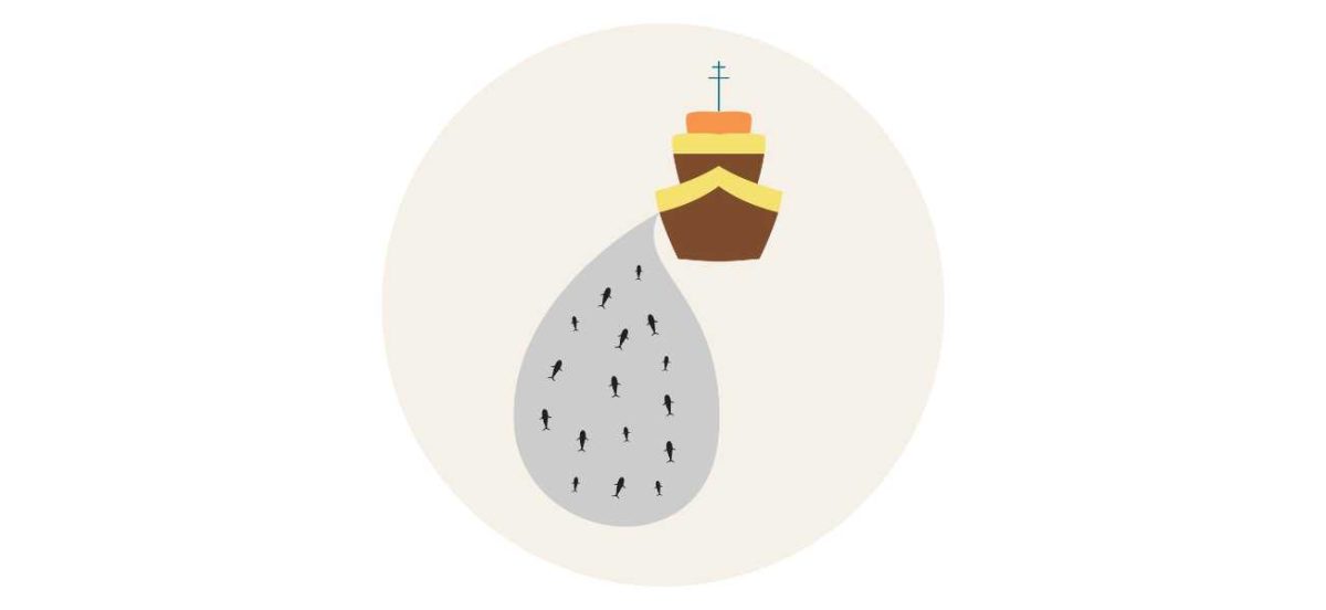 Illustration depicting the issue of overfishing in commercial fishing. The image shows a fishing vessel pulling a net filled with silhouettes of various marine animals, mostly fish.