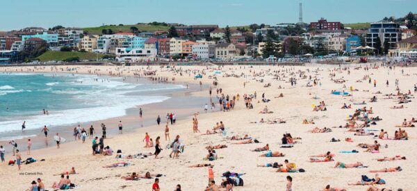 Beach filled with beach goers