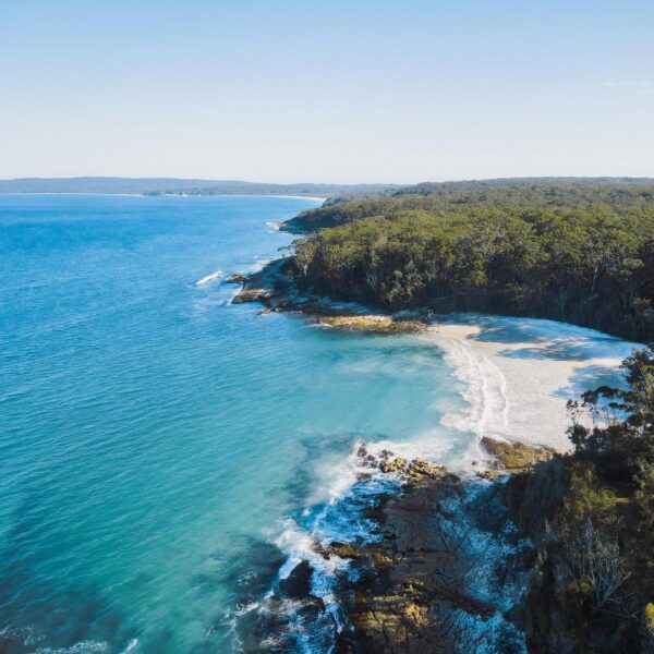 High view look at bright blue water of a beach against dense vegetation